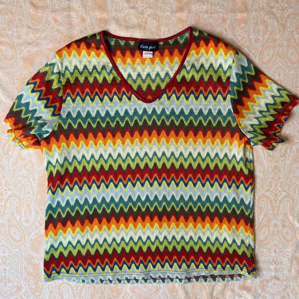 Y2K colorful rainbow zig-zag striped knit shirt
